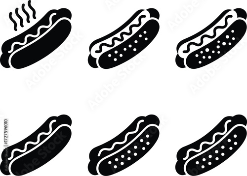 Hot dog vector icons set, fast food illustration, delicious sausage in a bun art