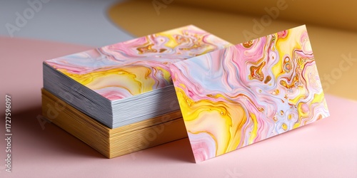 A beautiful mockup of a blank gift card with a pastel yellow and pink abstract watercolor design, resting on a stack of art paper