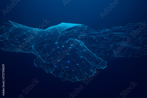 Digital partnership concept. A man and an AI robot engaging in a handshake. Abstract technology blue background. Great for a web banner or a presentation bg. Tech vector illustration.