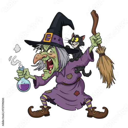 Scary witch with black cat and potion bottle, holding a broomstick