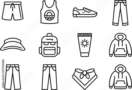 Outfits essentials: A clean, line art design of versatile outfits essentials. showcasing diverse clothing and accessory item.