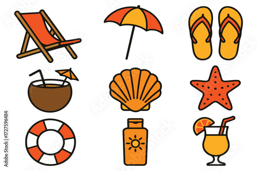 Collection of colorful beach vacation icons for summer relaxation and travel