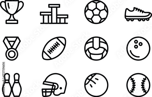 Diverse Sports Icons: A collection of meticulously crafted, modern linear icons representing a variety of popular sports, perfect for conveying activity, competition, and achievement.