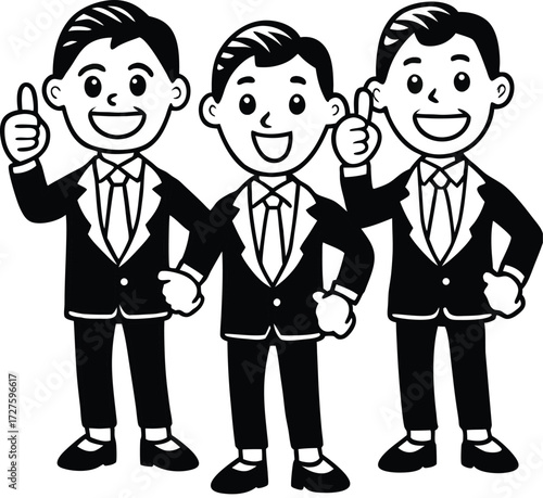 Three happy cartoon businessmen in suits giving a thumbs up gesture of approval and success