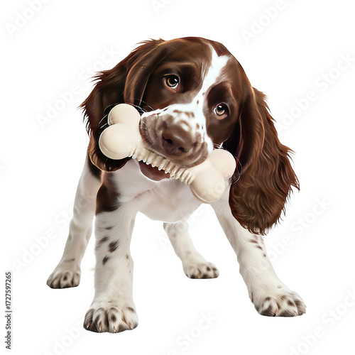 A playful english springer spaniel puppy happily chews on a bone toy with its mouth open showing its teeth and cute expression