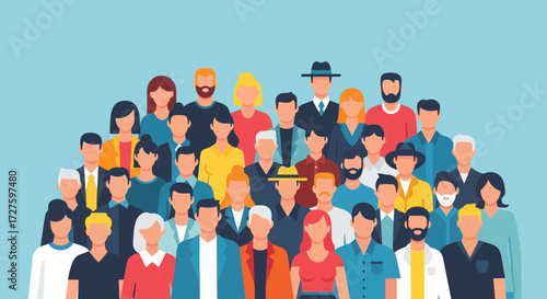 A diverse group of people of various ages and styles are gathered together in a colorful illustration against a blue background