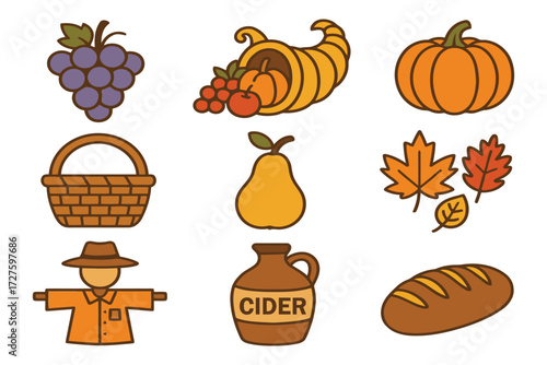 Autumn harvest icons featuring pumpkins grapes basket scarecrow and fall leaves