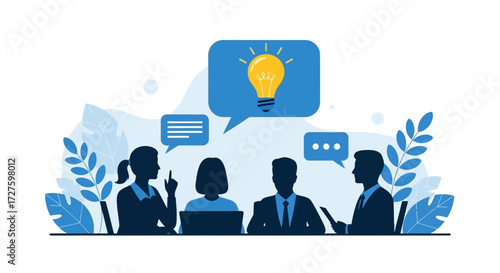 A diverse team of professionals engages in a collaborative meeting, discussing ideas and strategies, symbolized by a bright lightbulb above their heads