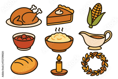 Collection of thanksgiving holiday food and decorations on white background