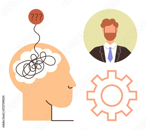 Tangled lines in a brain thought bubble, person avatar, and gear element representing mental confusion, ideas, teamwork, decision-making, creativity, problem-solving, strategy self-awareness simple