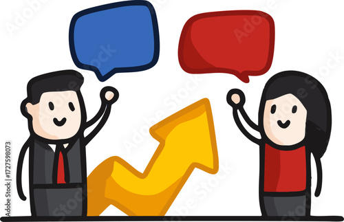 two cartoon characters celebrating with speech bubbles and a yellow arrow