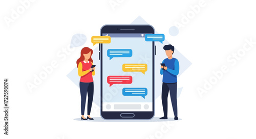 A man and a woman are communicating through text messages on their smartphones, with chat bubbles appearing around a large central phone