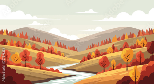 A picturesque autumn landscape unfolds with rolling hills covered in vibrant orange, yellow, and red trees, a winding river flowing through the valley under a cloudy sky