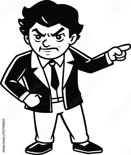 Angry cartoon businessman pointing finger aggressively with stern expression and determined stance