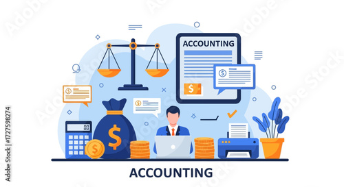 An accountant works diligently on a laptop surrounded by financial tools like a calculator, money bag, coins, and scales of justice, symbolizing the importance of accounting in business and finance