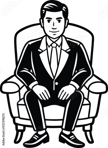 A formally dressed businessman sits confidently in a plush armchair exuding professionalism and success in a classic illustration style