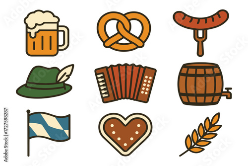 Oktoberfest icons set featuring beer pretzel sausage hat accordion barrel flag heart cookie