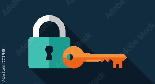 A teal padlock and an orange key are presented in a flat design style, casting a long shadow against a dark blue background, symbolizing security and access