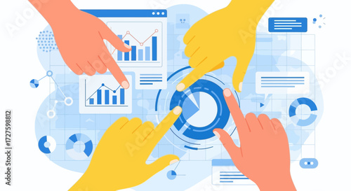 A diverse team collaborates on a business strategy, analyzing data charts and graphs with fingers pointing to key performance indicators