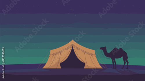 Desert Scene At Night With Tent And Camel Silhouette