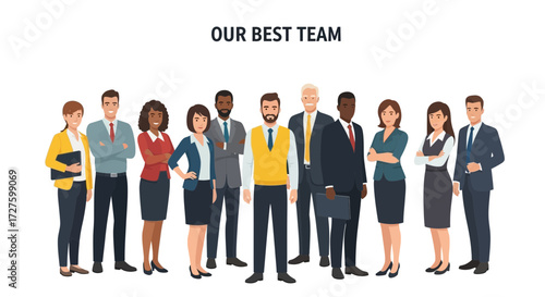A diverse group of business professionals standing together, showcasing teamwork and success in a corporate environment