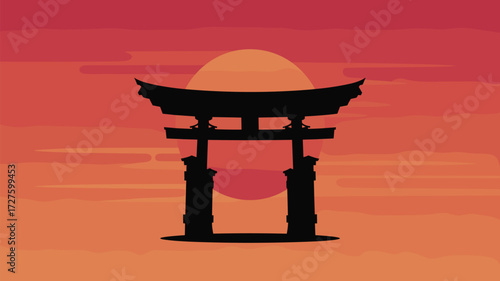 Japanese Torii Gate Silhouette With Rising Sun And Sky