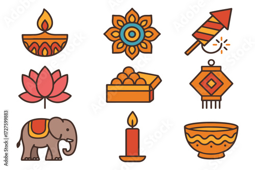 Collection of indian festival icons including diya lotus sweets elephant and fireworks