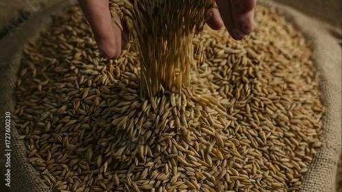 Woman farmer hands sifting and inspecting harvest grain seeds over a large sack of cereals, agriculture footage.