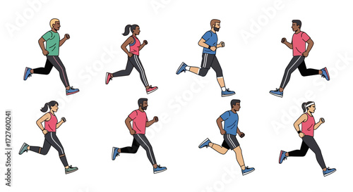 A diverse group of men and women are captured midstride while running outdoors, showcasing a vibrant and active lifestyle