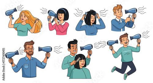 People Using Hair Dryers: Diverse Individuals Styling Hair with Blow Dryers.