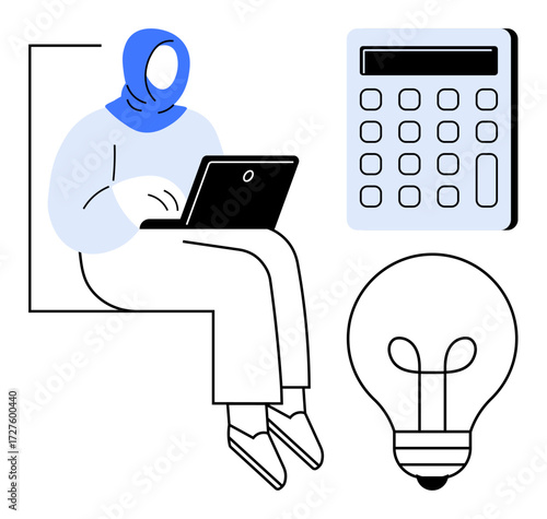 Woman in headscarf using laptop, accompanied by calculator and light bulb. Ideal for technology, creativity, innovation, brainstorming, remote work, productivity and education. Simple flat metaphor