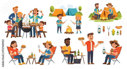 Diverse group of people enjoying outdoor activities like barbecues and camping.