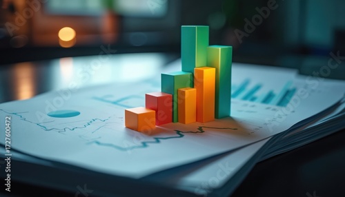 Colorful 3D bar chart graphic sits on financial documents and reports. Data analysis presentation illustration for business growth and statistics. Informative visual for finance.