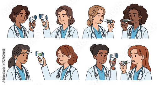 Collection of diverse female doctors in lab coats using digital and infrared thermometers to check temperature.