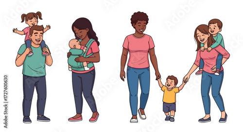 Diverse families with children enjoying quality time together.