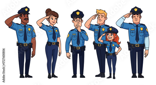 A diverse group of cartoon police officers including men women and a child saluting in blue uniforms.