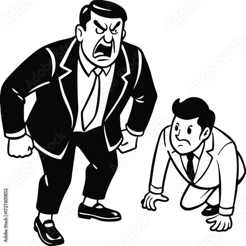 Angry boss yelling at subordinate cowers on knees in office conflict and workplace bullying illustration