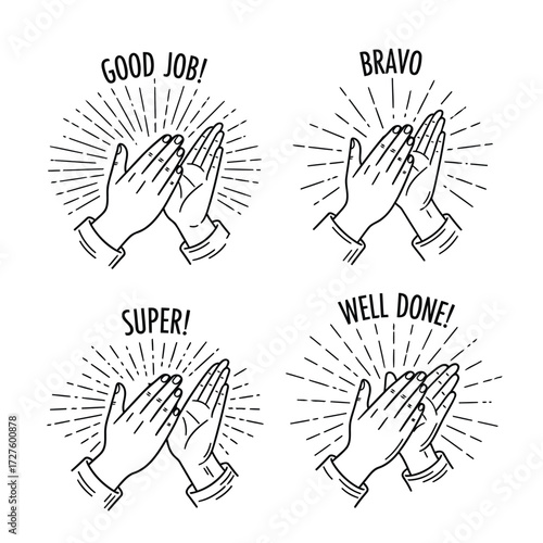 Vector art of four handdrawn illustrations of clapping hands with positive messages, conveying appreciation and encouragement