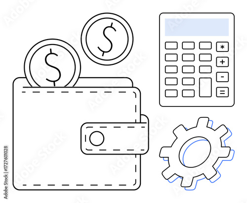 Wallet holding coins, calculator, and gear symbolizing finance, budgeting, cost calculation, planning. Ideal for money management, banking savings analysis strategy accounting. Simple flat