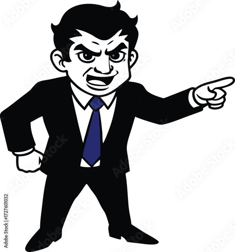 Angry businessman in a suit and tie pointing accusatorily with a fierce expression and aggressive body language