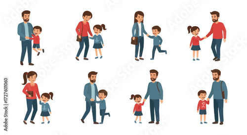 Cartoon parents and children walking holding hands happy family moments.
