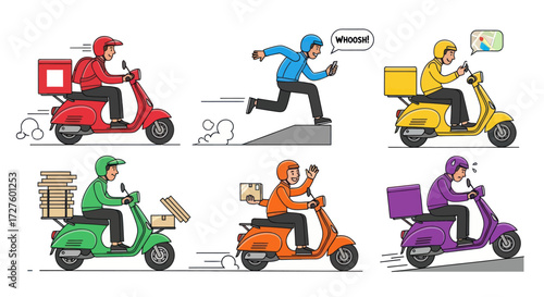Diverse Delivery Personnel on Scooters and Running for Quick Service.