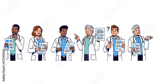 Diverse Group of Professional Doctors in Lab Coats with Medical Charts.