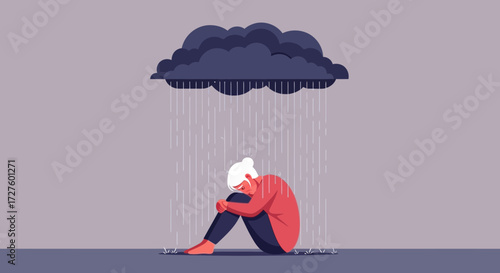 A person sits hunched over, embracing their knees in despair as dark rain clouds pour down on them, symbolizing emotional distress and sadness