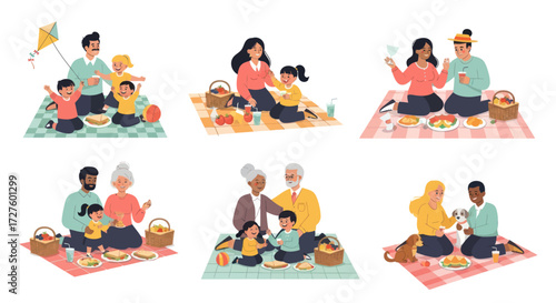Set of six vector illustrations showing diverse multi-generational families enjoying a happy picnic.