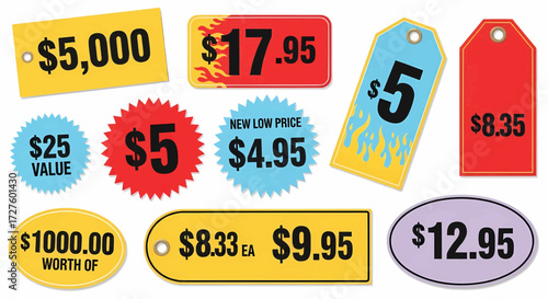 Collection of colorful price tags for sales, vector illustration