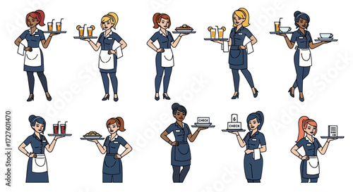 Diverse Waitresses in Retro Style Uniforms Carrying Trays of Food and Drinks.
