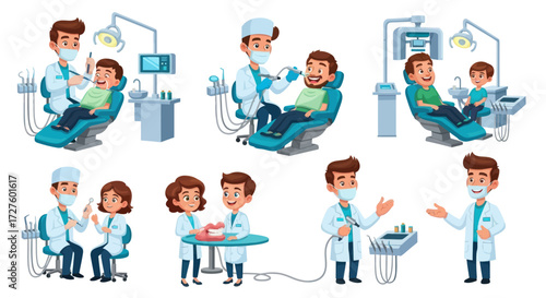 Dental Clinic Scenes: Dentists and Patients in Various Treatment Settings.