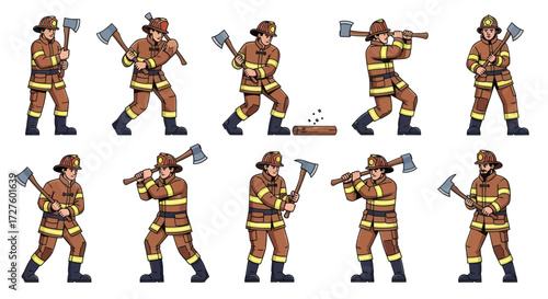 Cartoon Firefighter Poses with Axe and Hammer.