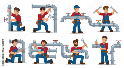 Cartoon Plumbers Working on Various Water Pipe Installations.